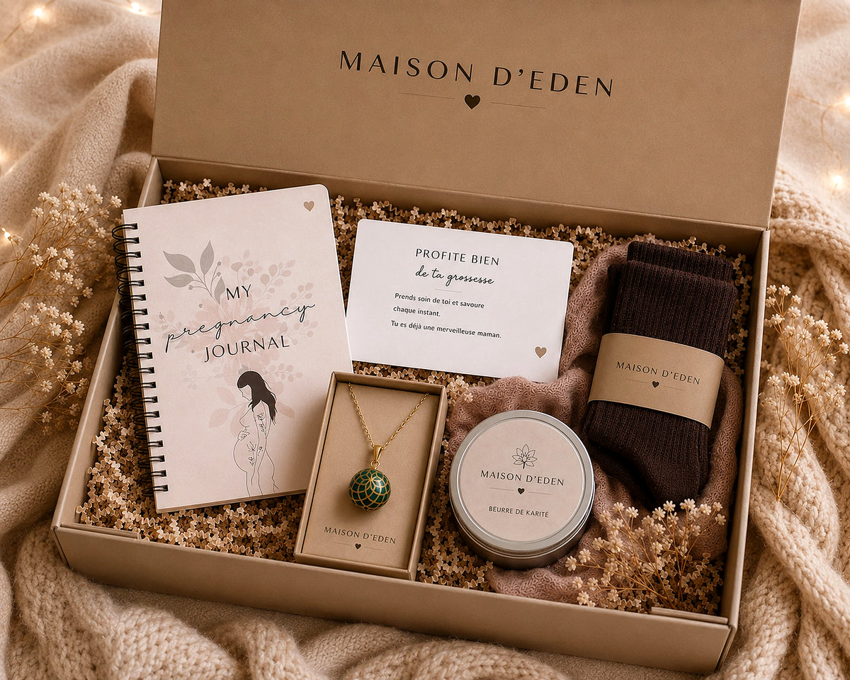 Coffret cadeau grossesse avec bola de grossesse, beurre de karité et journal de grossesse