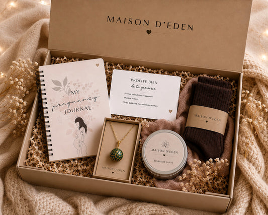Coffret cadeau grossesse avec bola de grossesse, beurre de karité et journal de grossesse