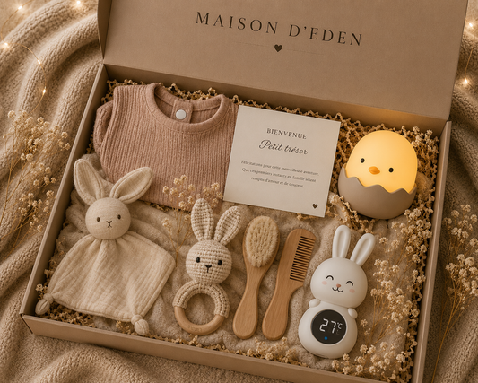 Coffret cadeau naissance avec doudou et veilleuse - Maison d'Eden