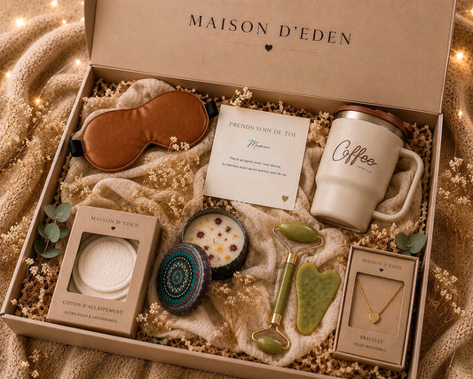 Coffret cadeau postpartum avec tasse isotherme et masque de sommeil - Maison d'Eden