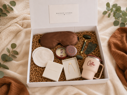 Coffret cadeau postpartum avec tasse isotherme et masque de sommeil - Maison d'Eden