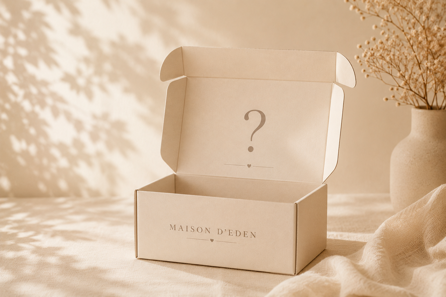 Coffret cadeau ouvert avec point d'interrogation - FAQ Maison d'Eden