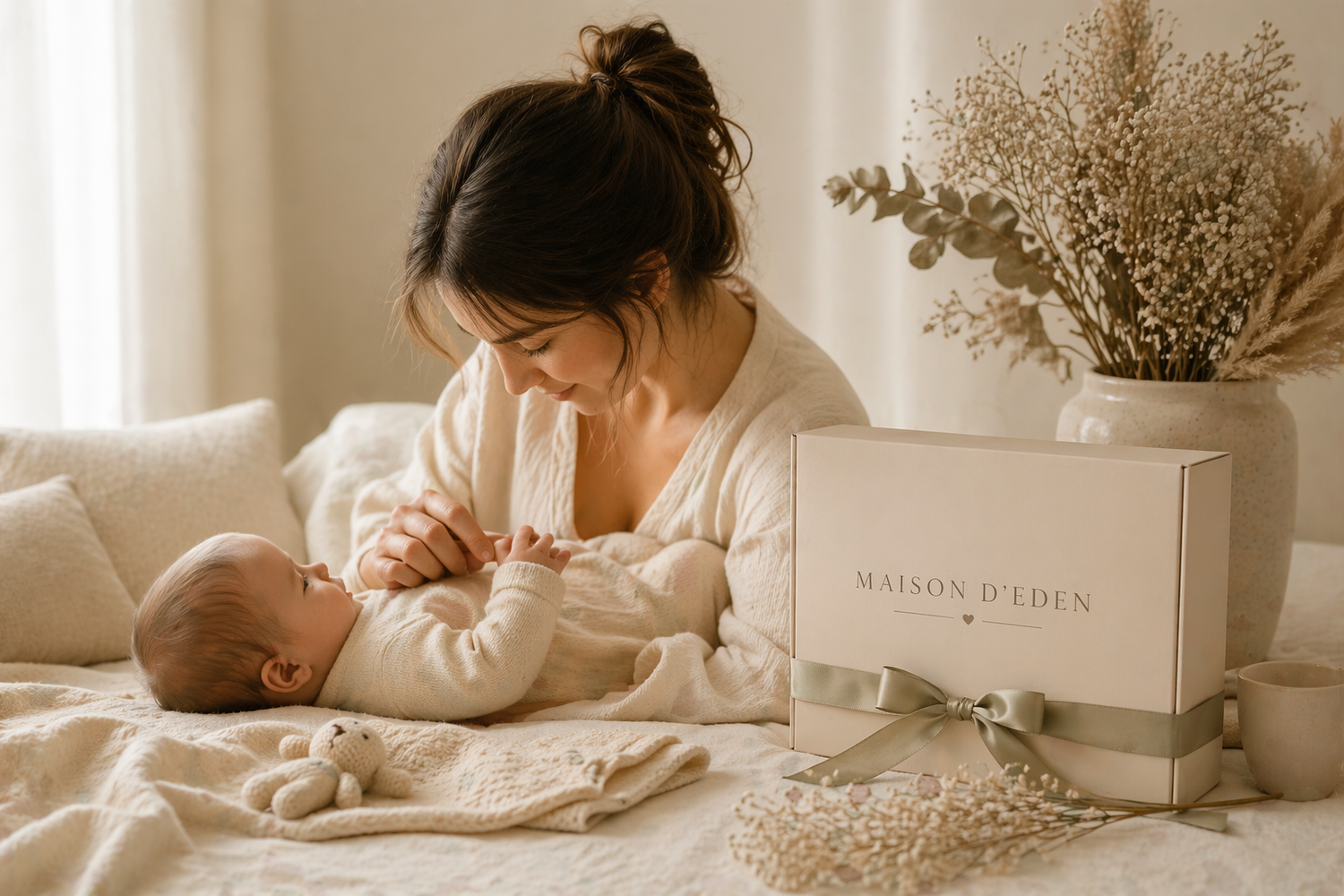 Maman et bébé avec coffret cadeau Maison d'Eden